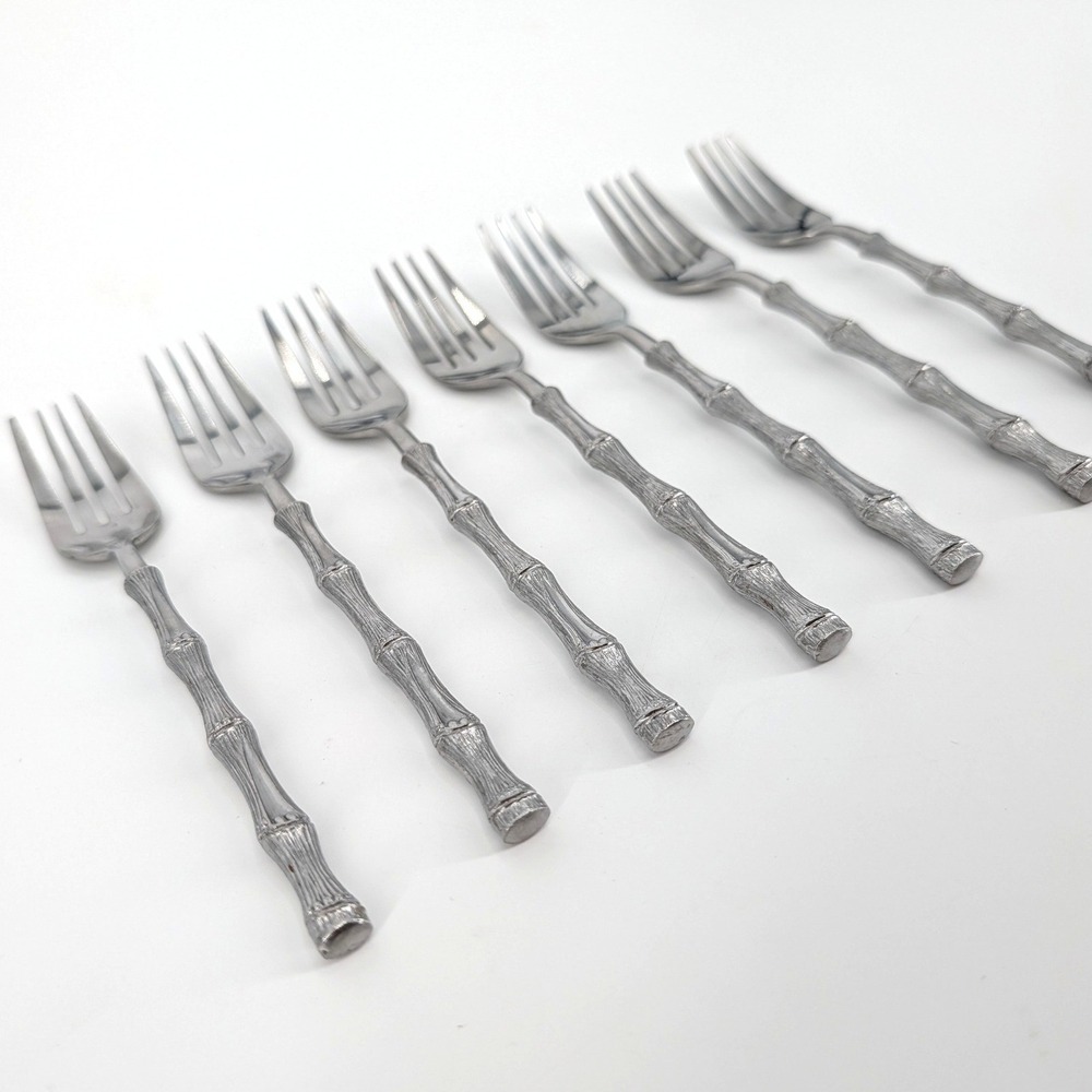 Oxford Hall Bamboo Handle Forks Set of 7 Stainless Steel Japan Vintage 7.25in
